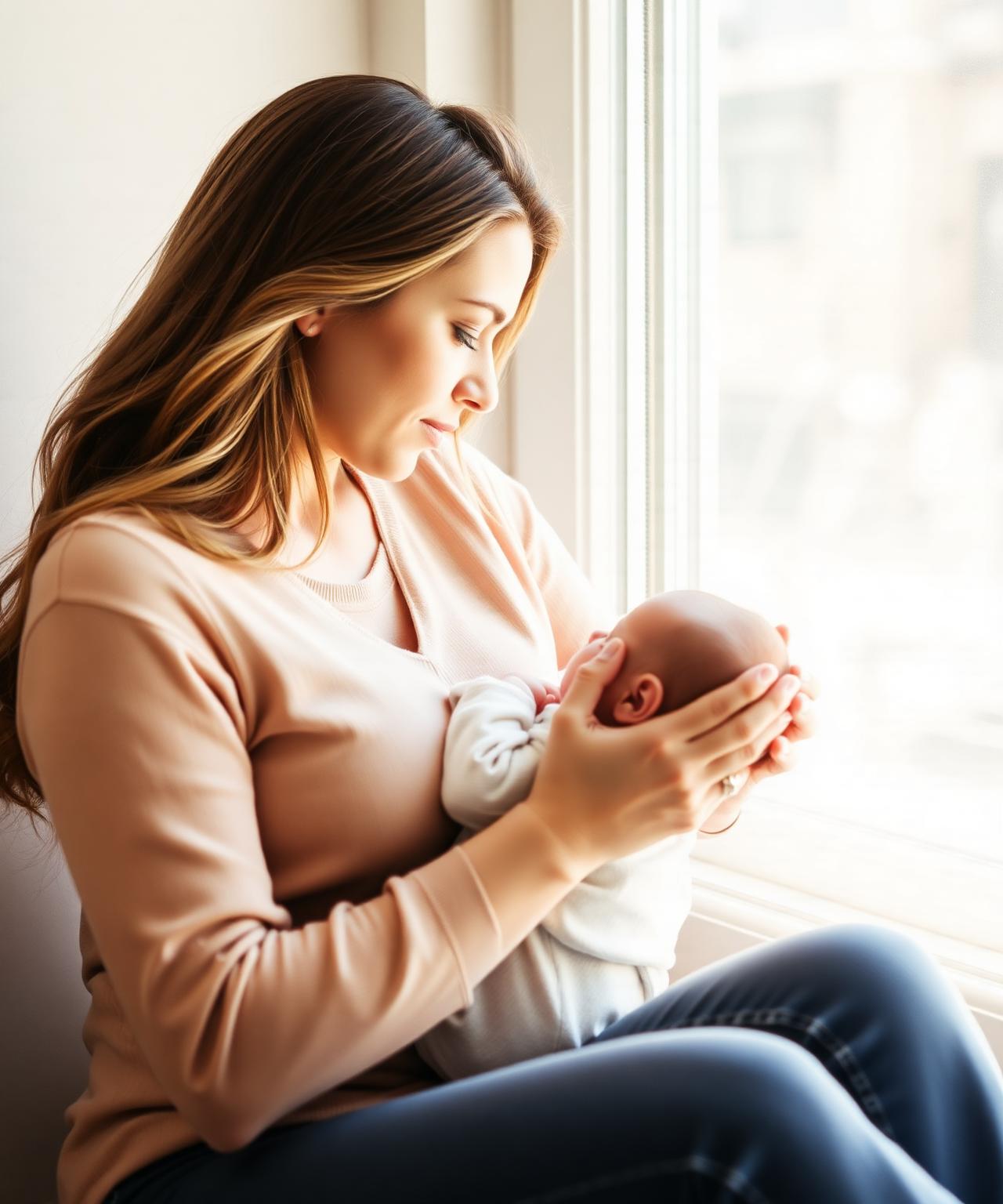 Mãe segurando seu bebê na luz suave da janela